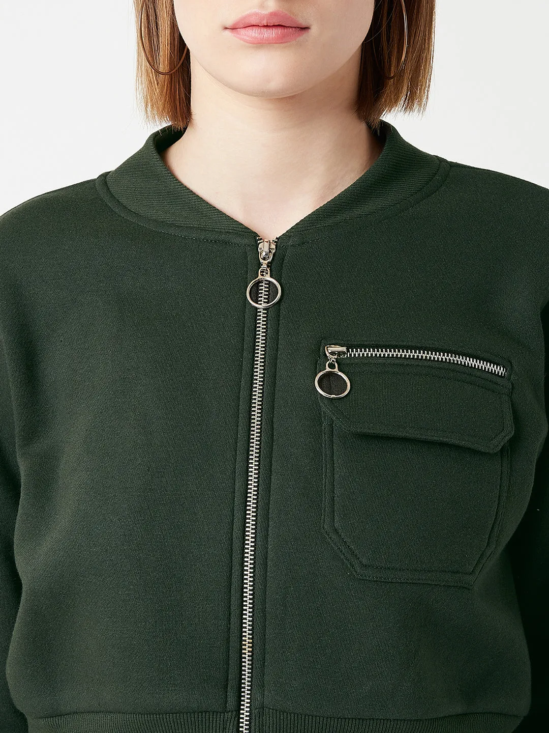 Women's Green Stand Collar Full Sleeves Cotton Boxy/Bomber Cropped Jacket
