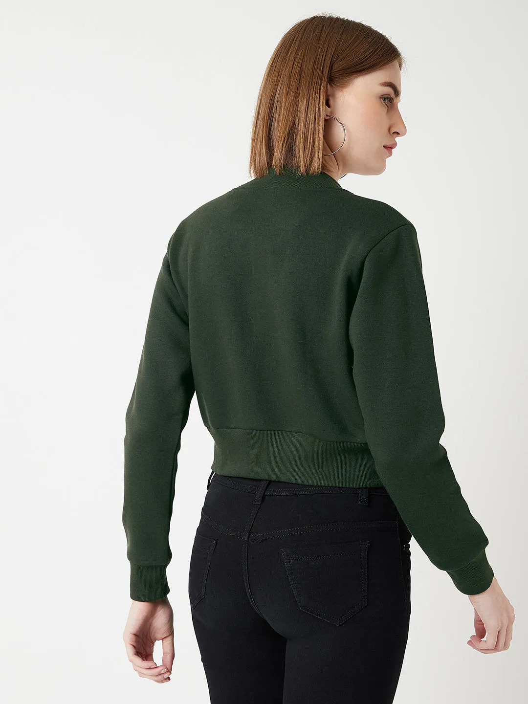 Women's Green Stand Collar Full Sleeves Cotton Boxy/Bomber Cropped Jacket
