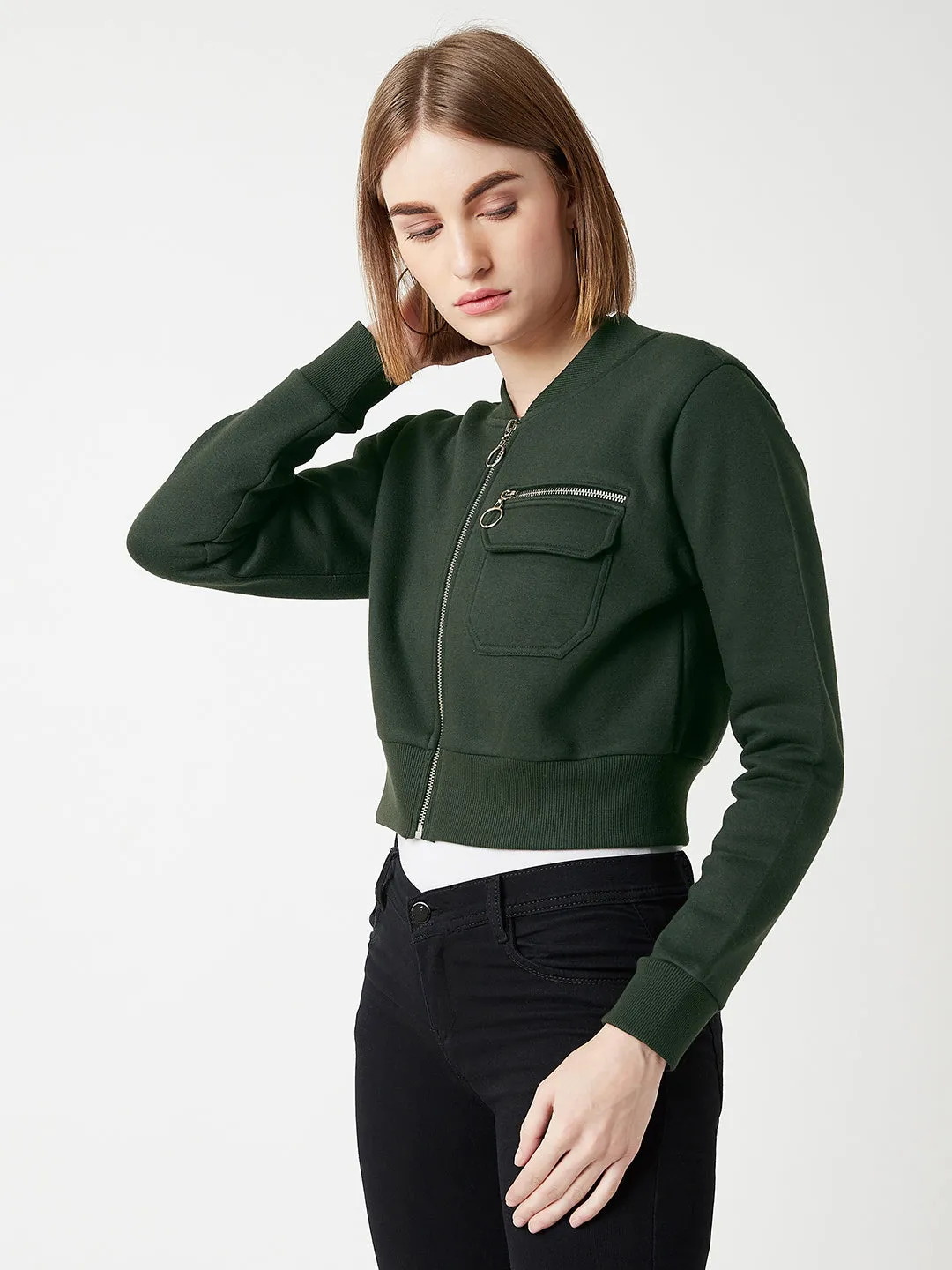 Women's Green Stand Collar Full Sleeves Cotton Boxy/Bomber Cropped Jacket
