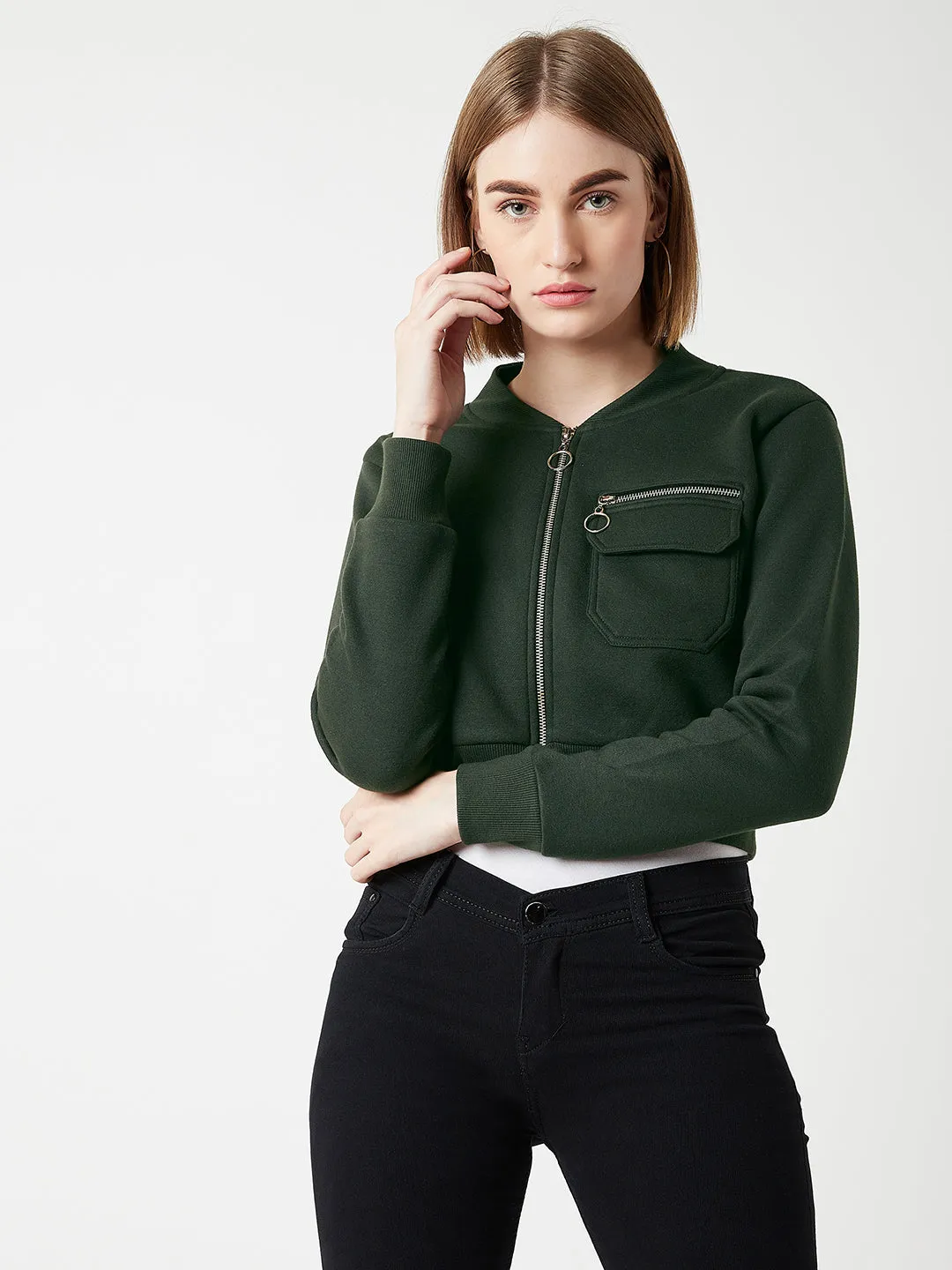 Women's Green Stand Collar Full Sleeves Cotton Boxy/Bomber Cropped Jacket
