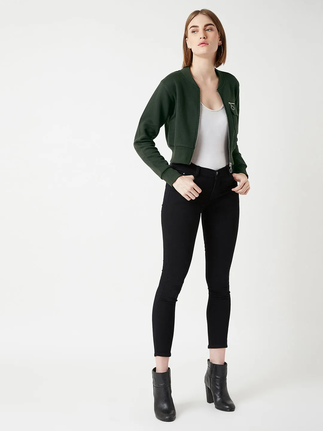 Women's Green Stand Collar Full Sleeves Cotton Boxy/Bomber Cropped Jacket