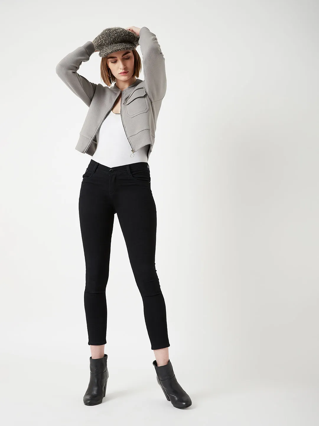 Women's Grey Stand Collar Full Sleeves Cotton Boxy/Bomber Cropped Jacket